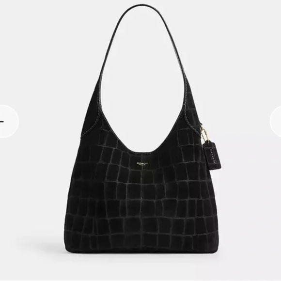 Coach Brooklyn Shoulder Bag 28 Black Suede Crocodile Embossed - Picture 3 of 4